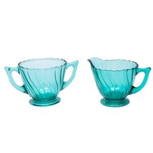 Antique 1930's JEANNETTE Pressed Depression Glass Teal Petal Swirl Creamer Sugar
